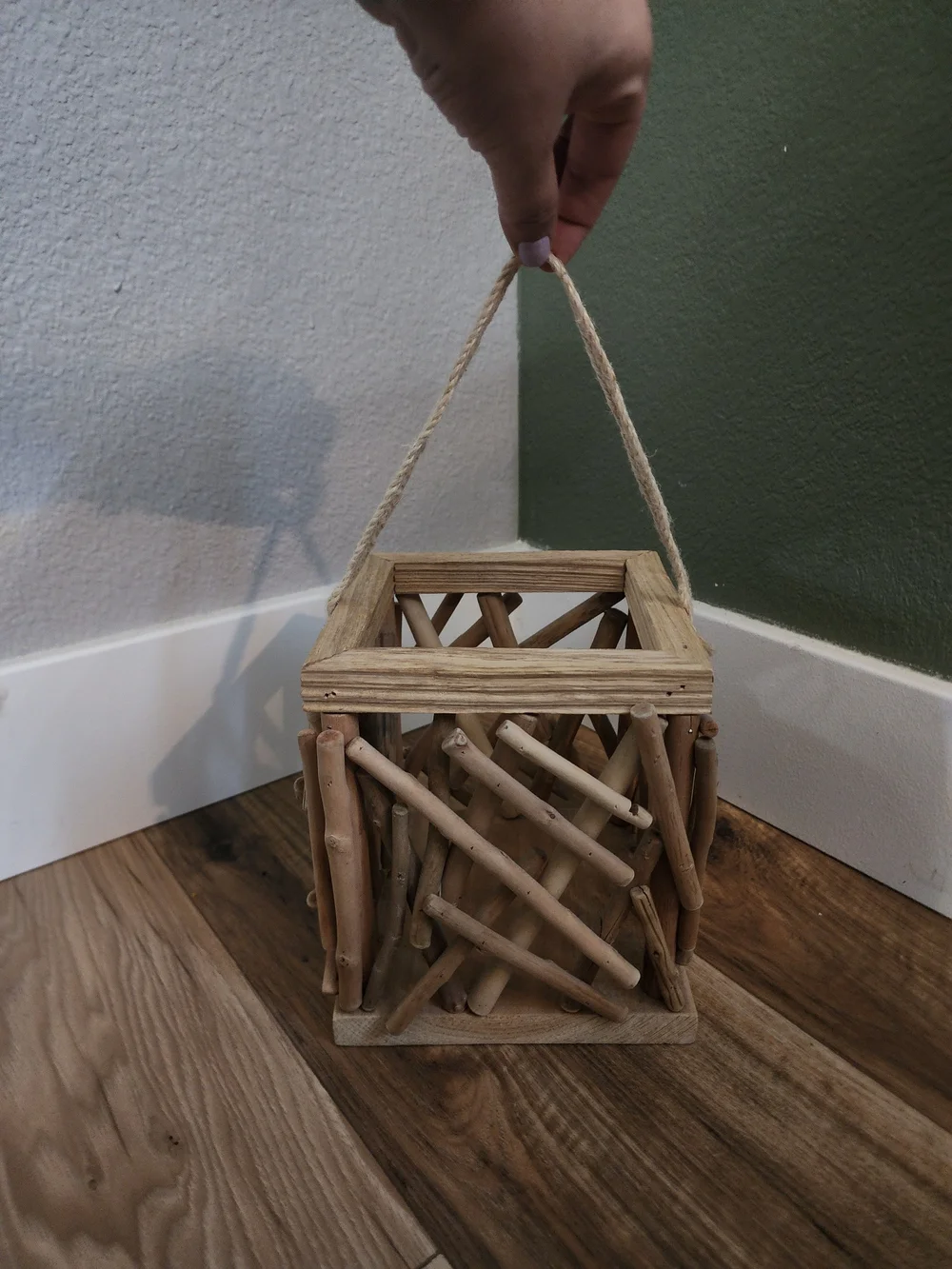 Rustic Natural Wood Lantern with Rope Handle - Home Accents
